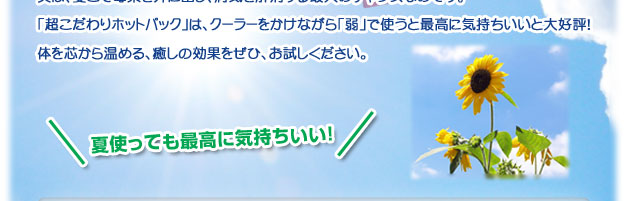 「超こだわりホットパック」は、クーラーをかけながら「弱」で使うと最高に気持ち良いと大好評!!体の芯から温める、癒しの効果をぜひ、お試しください。