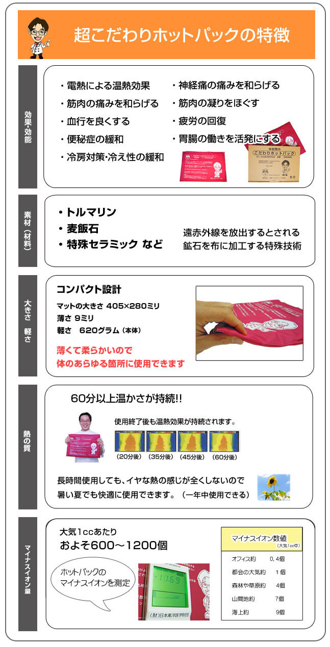こだわりホットパックの特徴について、こだわりホットパックの効能・効果について、遠赤外線放出するとされる鉱石を、布に加工する特殊技術、こだわりホットパックはやわらかくて薄いので、体ののあらゆる箇所に使用出来ます。60分以上温かさが持続します。こだわりホットパックのマイナスイオン量を測定