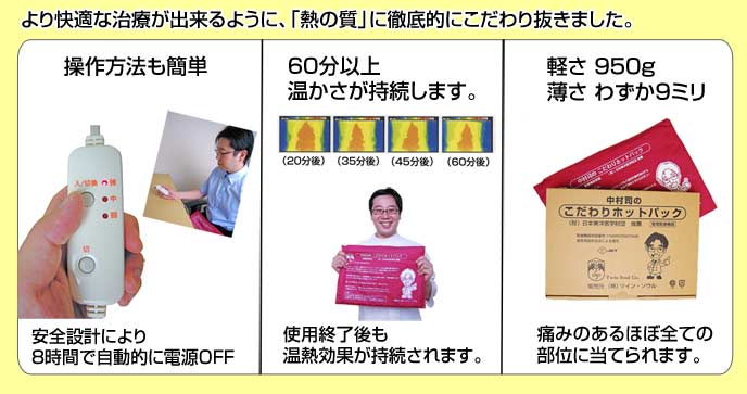 こだわりホットパックの特長。より快適な治療が出来るように、熱の質に徹底的にこだわりました。