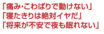 痛み・こわばりで動けない　寝たきりは絶対イヤだ　将来が不安で夜も眠れない